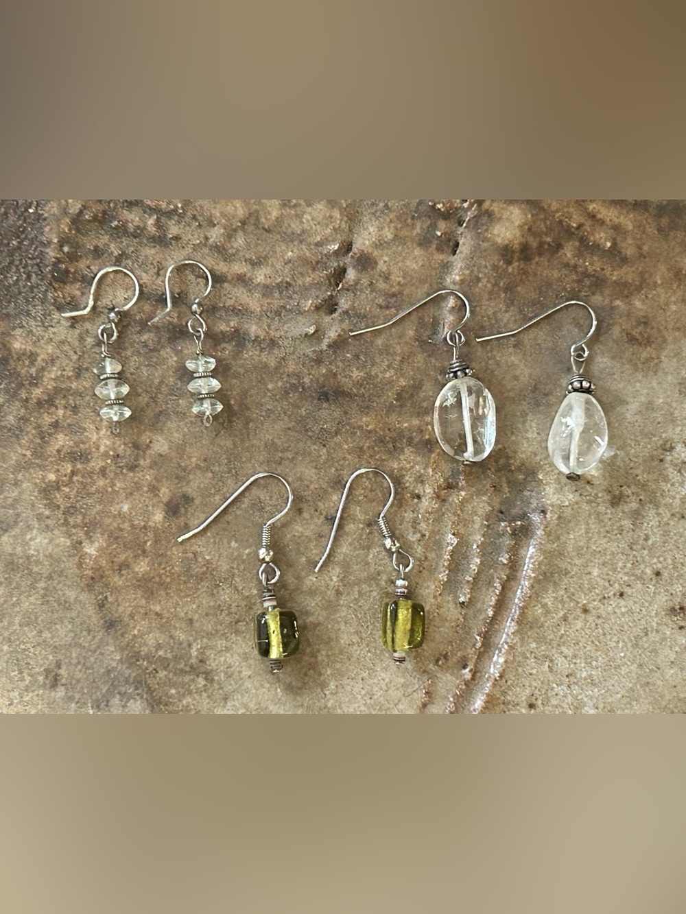 Clear and Olive Glass Drop Earrings - Set of Three